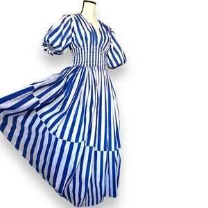 New AYR Striped Cotton Poplin V-Neck Dress Sz S Blue Regatta Stripe Puff Sleeve